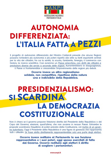 NO all'autonomia differenziata di Calderoli e al presidenzialismo